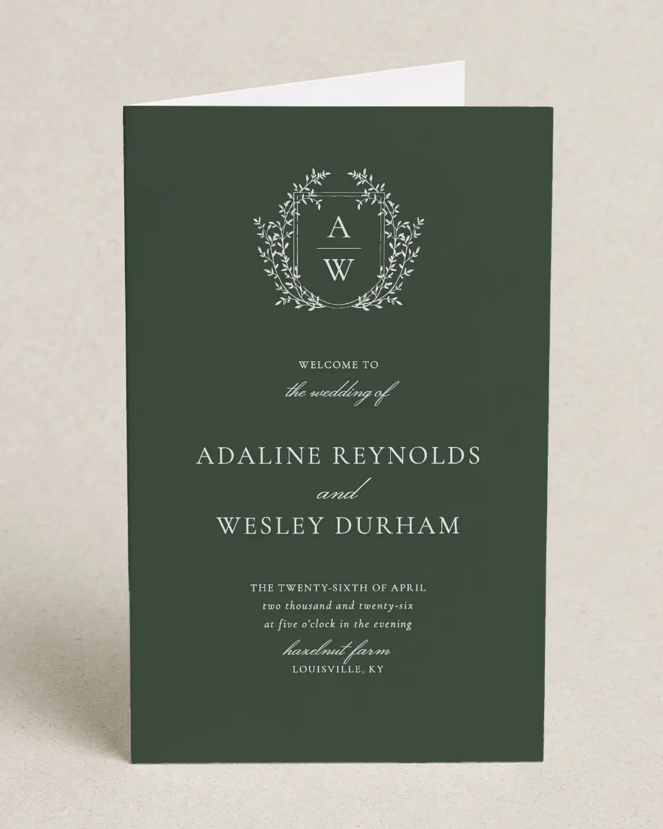 This is a 5" x 7⅞" Folded Half-fold Wedding Program called The Adaline printed in full color on Premium Smooth paper