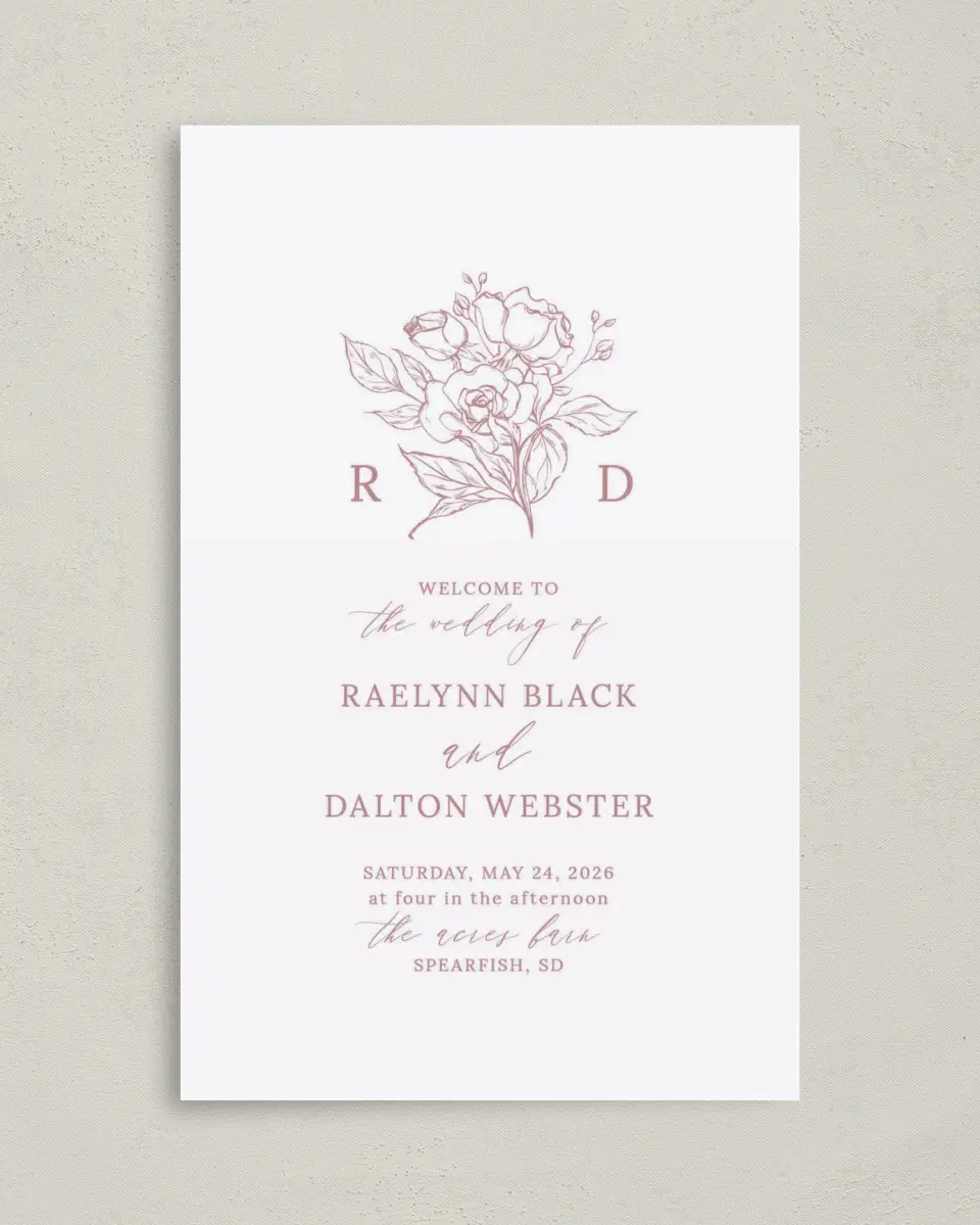 This is a 5" x 7⅞" Folded Half-fold Wedding Program called Blushing Rose printed in full color with Rose Gold foil on Luxe Satin (coated) paper