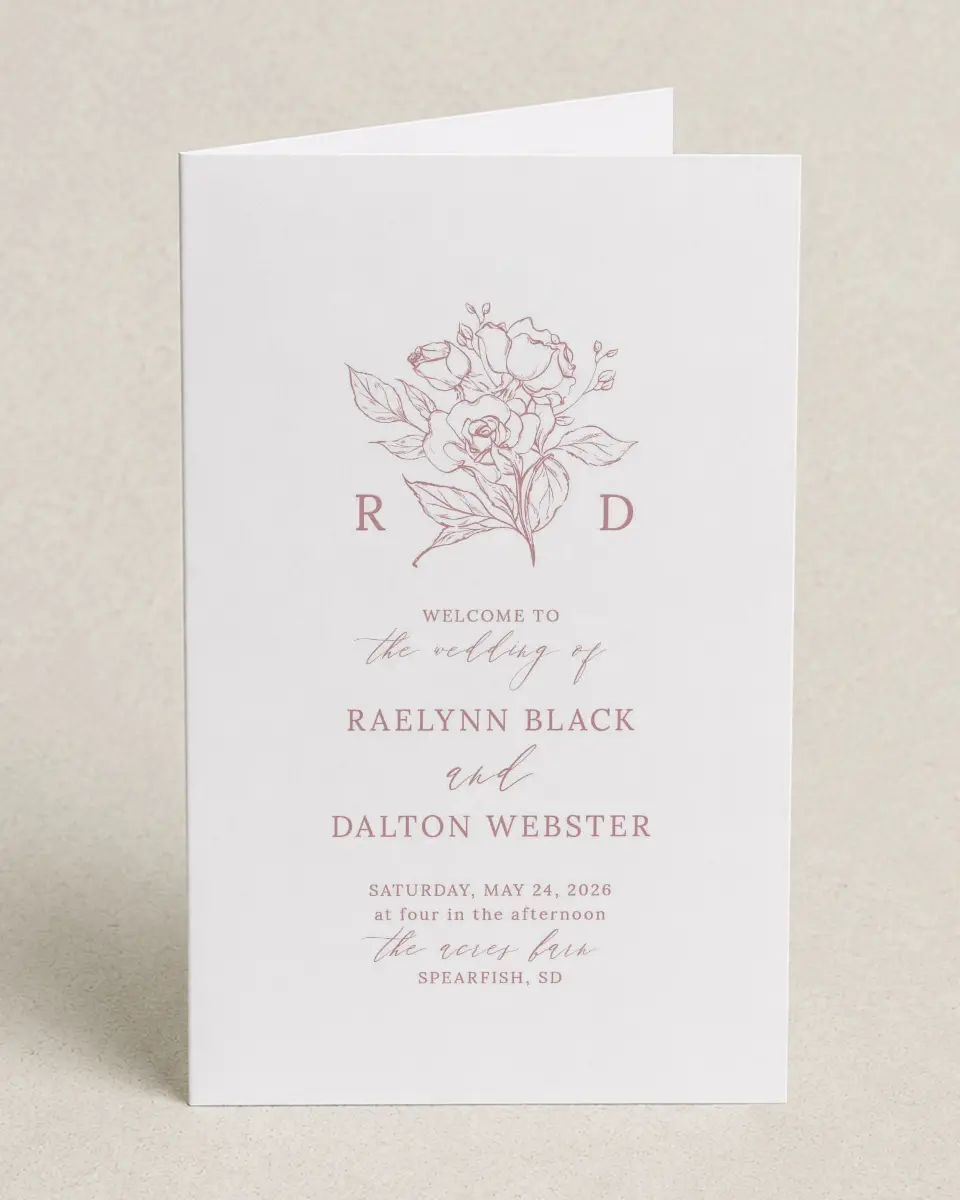 This is a 5" x 7⅞" Folded Half-fold Wedding Program called Blushing Rose printed in full color on Premium Smooth paper