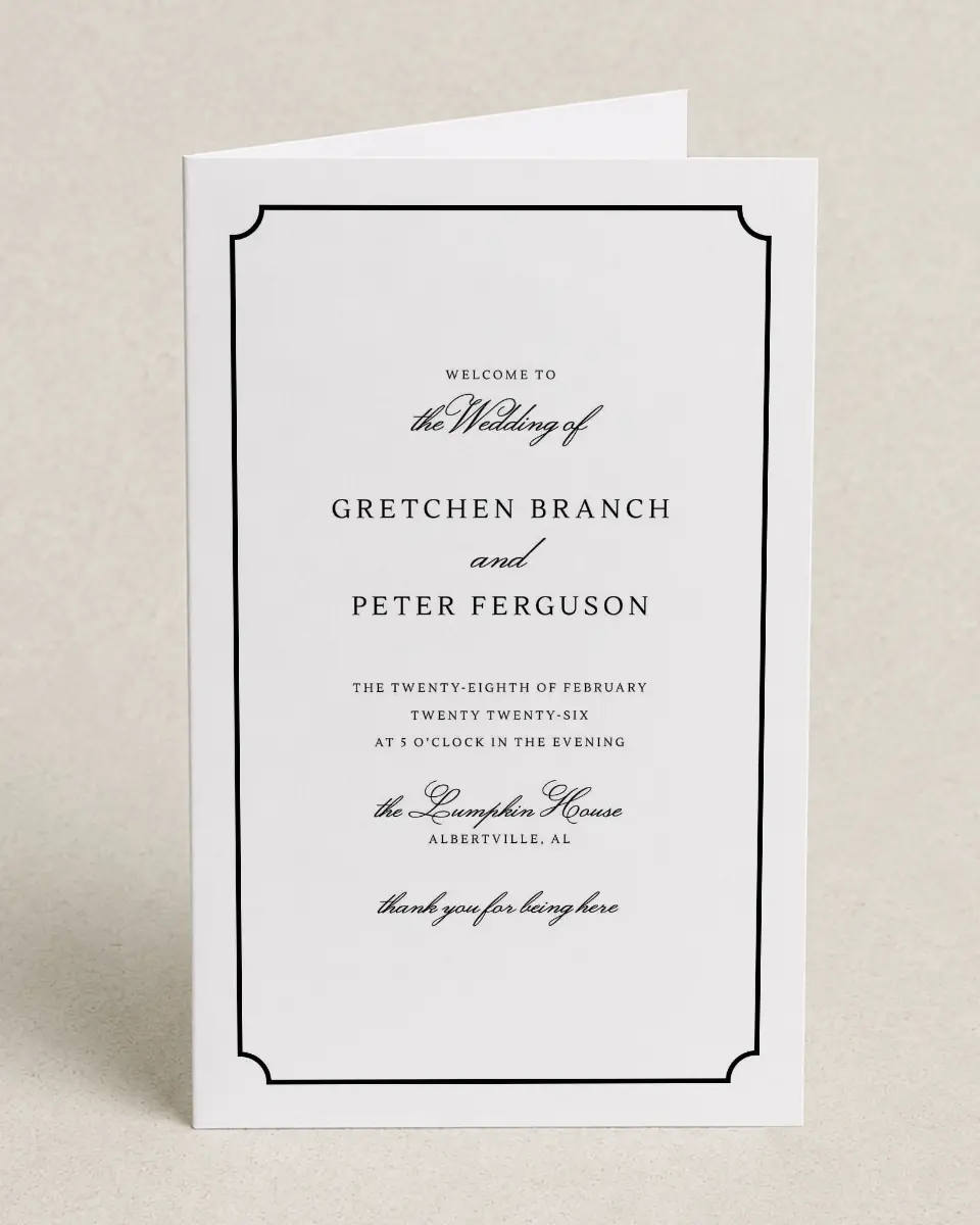 This is a 5" x 7⅞" Folded Half-fold Wedding Program called Elegant Tradition printed in full color on Premium Smooth paper