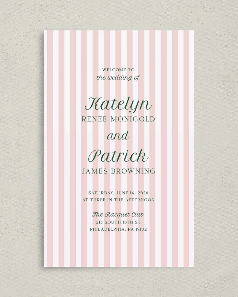 This is a 5" x 7⅞" Folded Half-fold Wedding Program called A Perfect Match printed in full color with Gold foil on Luxe Satin (coated) paper