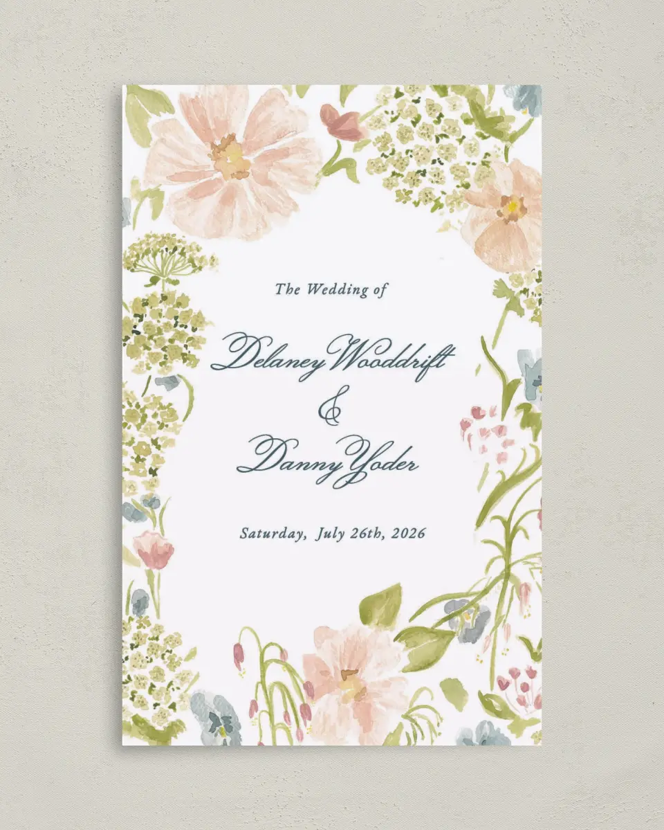 This is a 5" x 7⅞" Folded Half-fold Wedding Program called Garden of Vows printed in full color with Rose Gold foil on Luxe Satin (coated) paper