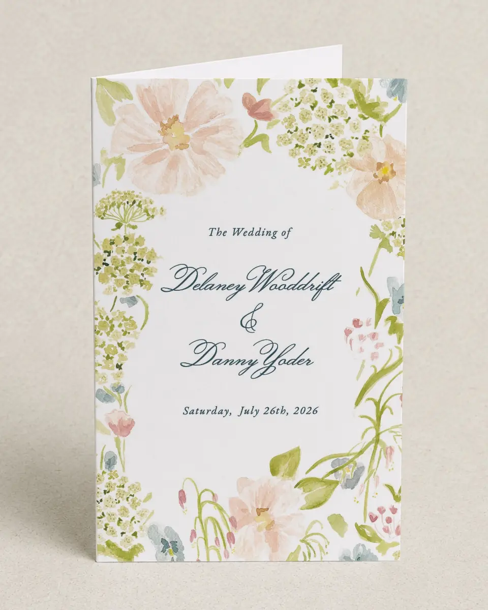This is a 5" x 7⅞" Folded Half-fold Wedding Program called Garden of Vows printed in full color on Premium Smooth paper