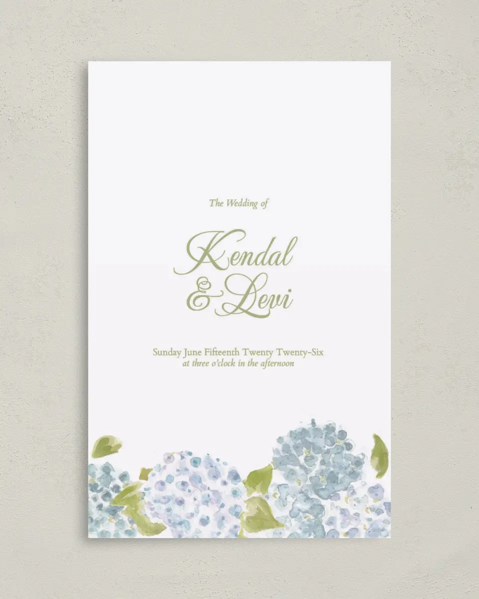 This is a 5" x 7⅞" Folded Half-fold Wedding Program called Southern Belle printed in full color with Rose Gold foil on Luxe Satin (coated) paper