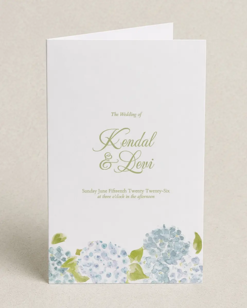 This is a 5" x 7⅞" Folded Half-fold Wedding Program called Southern Belle printed in full color on Premium Smooth paper