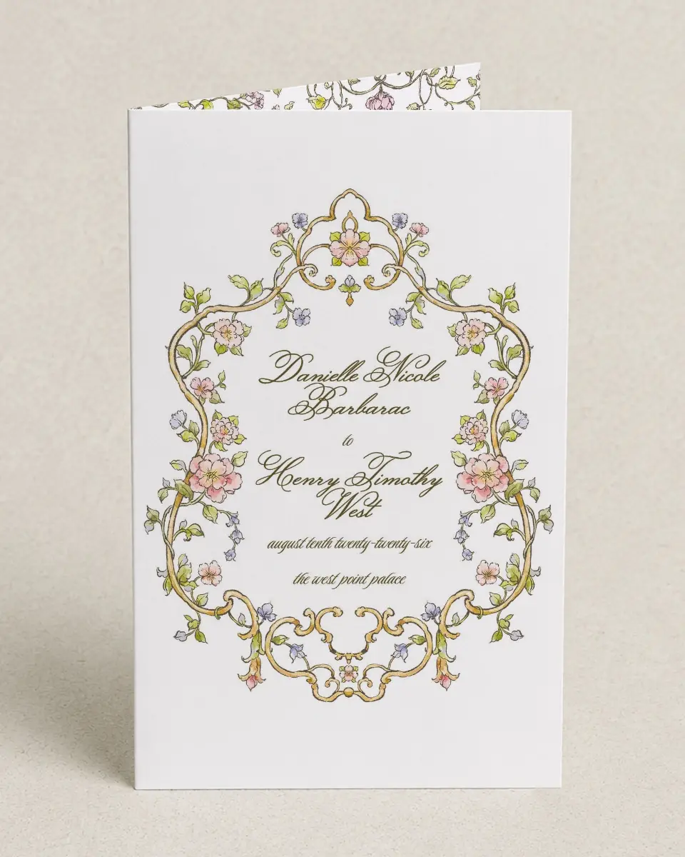 This is a 5" x 7⅞" Folded Half-fold Wedding Program called Ever After printed in full color on Premium Smooth paper