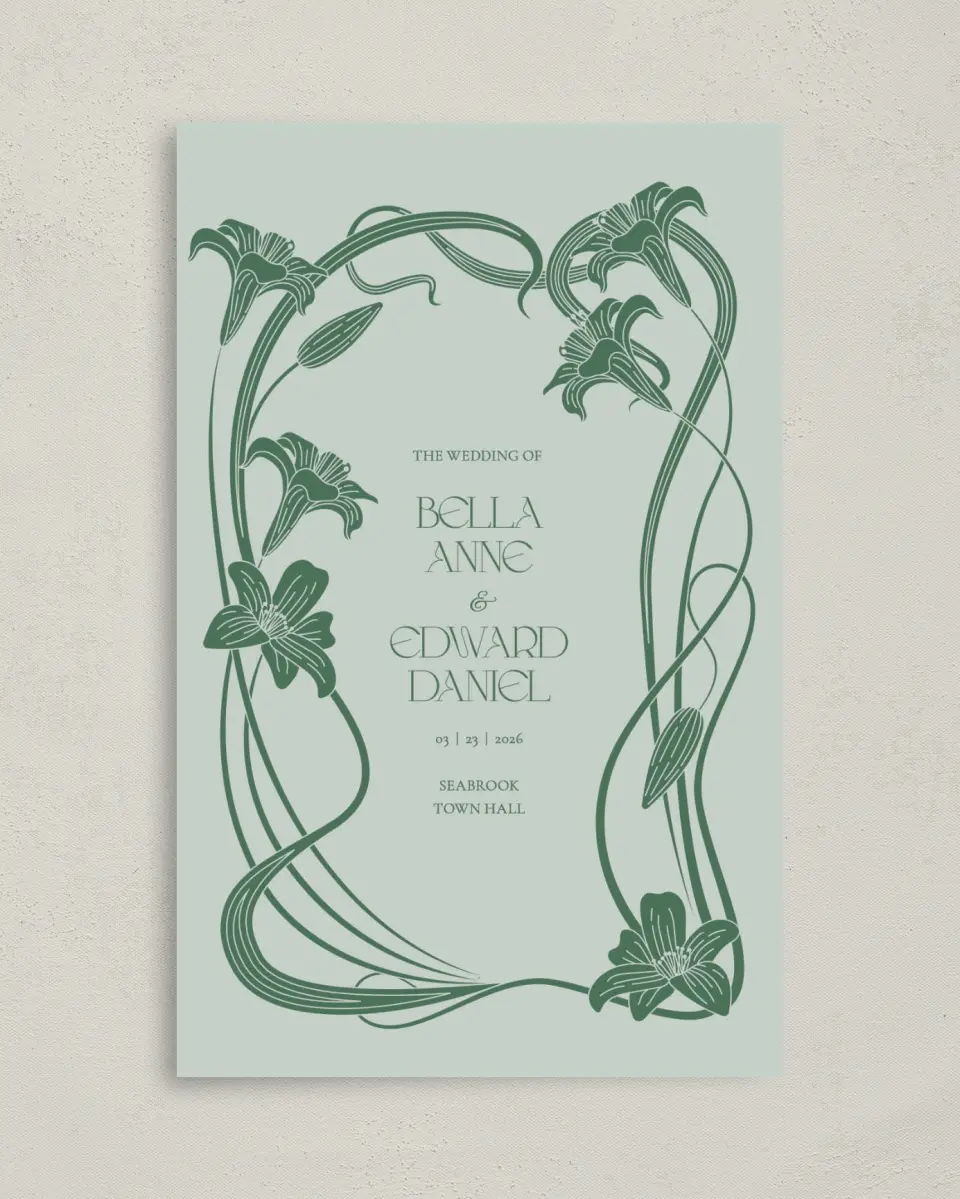 This is a 5" x 7⅞" Folded Half-fold Wedding Program called Water Lily printed in full color on Premium Smooth paper