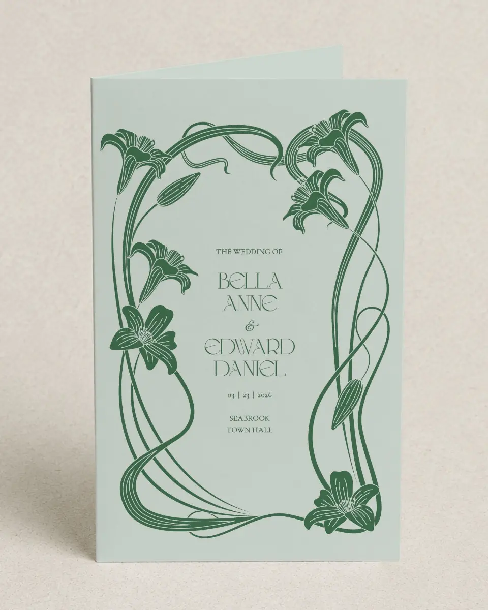 This is a 5" x 7⅞" Folded Half-fold Wedding Program called Water Lily printed in full color on Premium Smooth paper