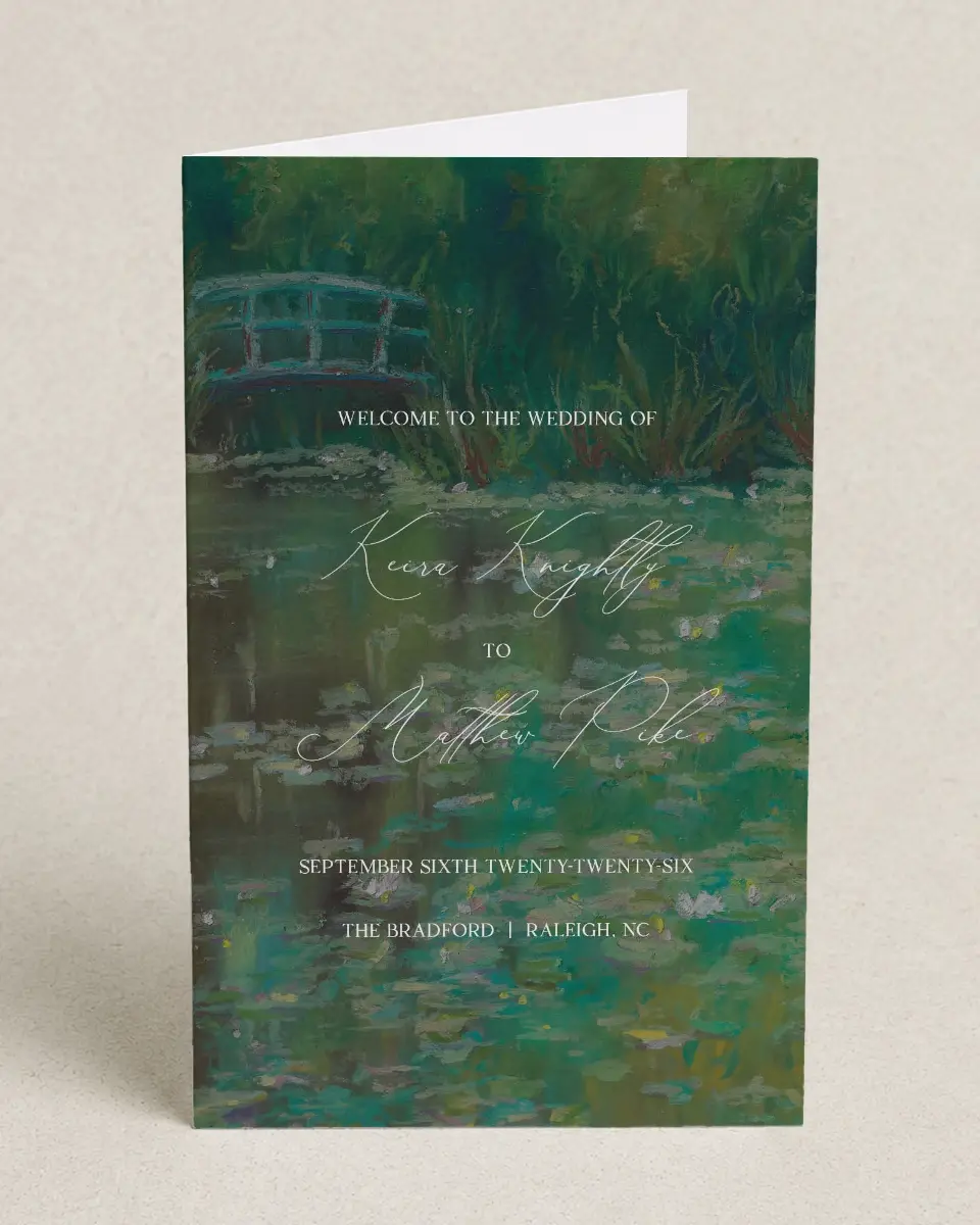 This is a 5" x 7⅞" Folded Half-fold Wedding Program called Bridge To Love printed in full color on Premium Smooth paper