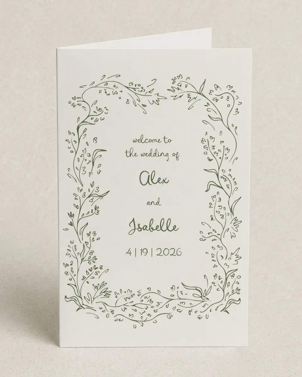 This is a 5" x 7⅞" Folded Half-fold Wedding Program called Sweet Woodland printed in full color on Premium Smooth paper