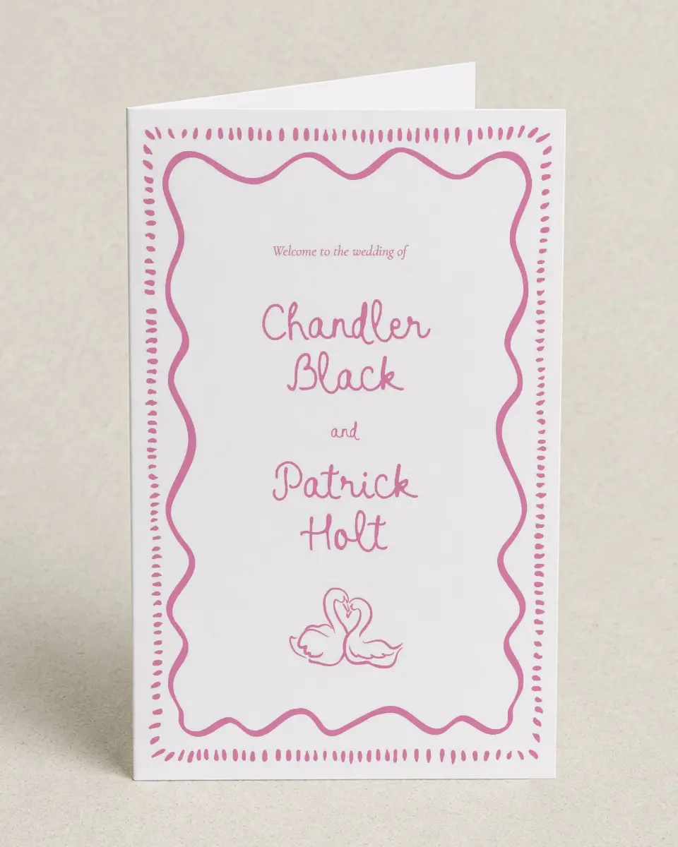 This is a 5" x 7⅞" Folded Half-fold Wedding Program called Swan Love printed in full color on Premium Smooth paper