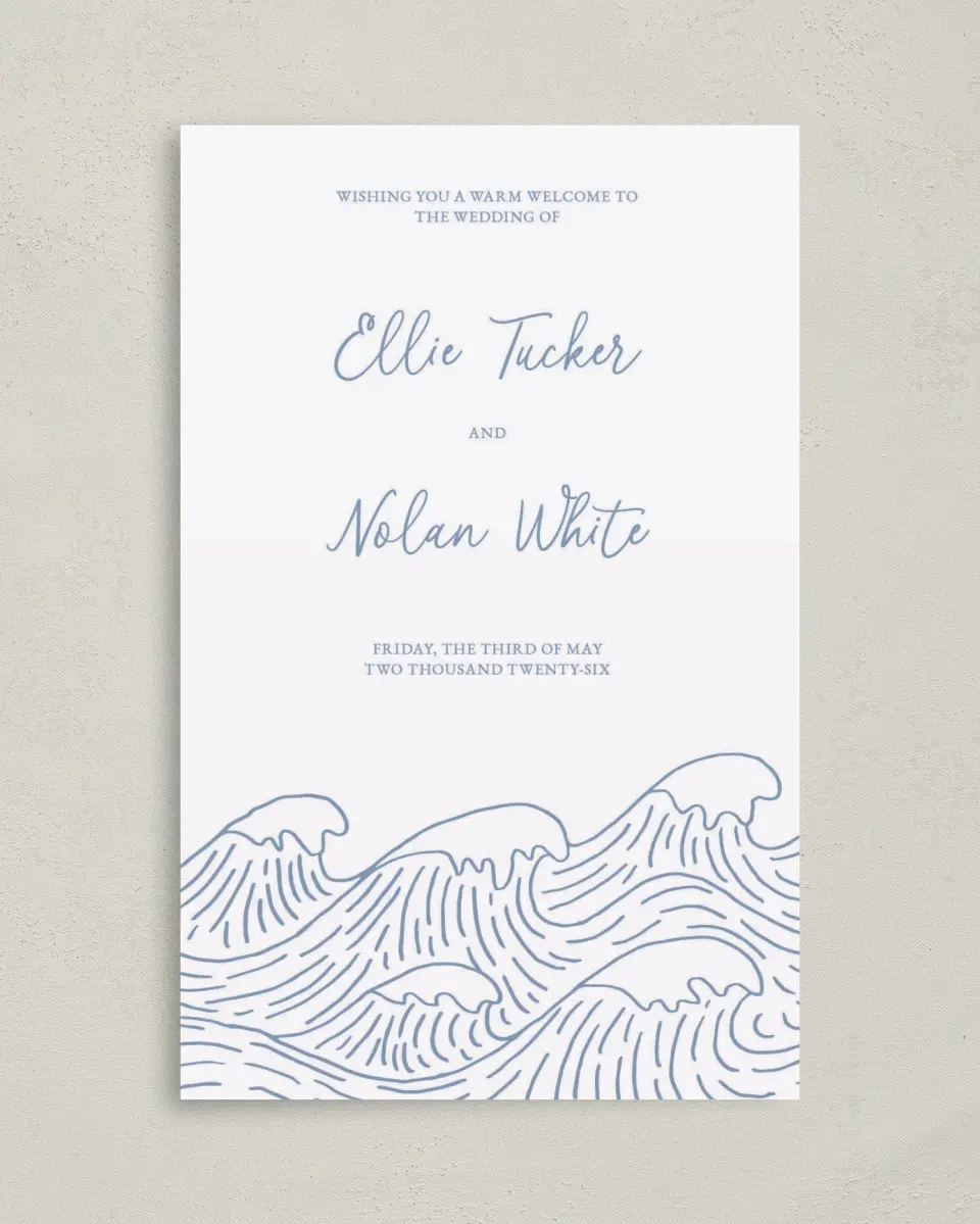 This is a 5" x 7⅞" Folded Half-fold Wedding Program called Wave of Love printed in full color with Rose Gold foil on Luxe Satin (coated) paper