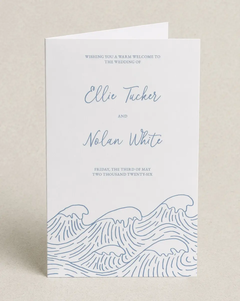 This is a 5" x 7⅞" Folded Half-fold Wedding Program called Wave of Love printed in full color on Premium Smooth paper
