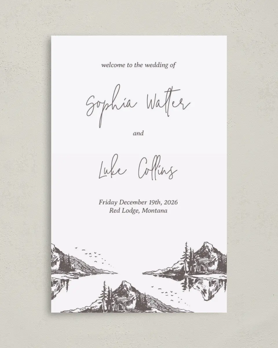 This is a 5" x 7⅞" Folded Half-fold Wedding Program called Mountain Bliss printed in full color with Rose Gold foil on Luxe Satin (coated) paper