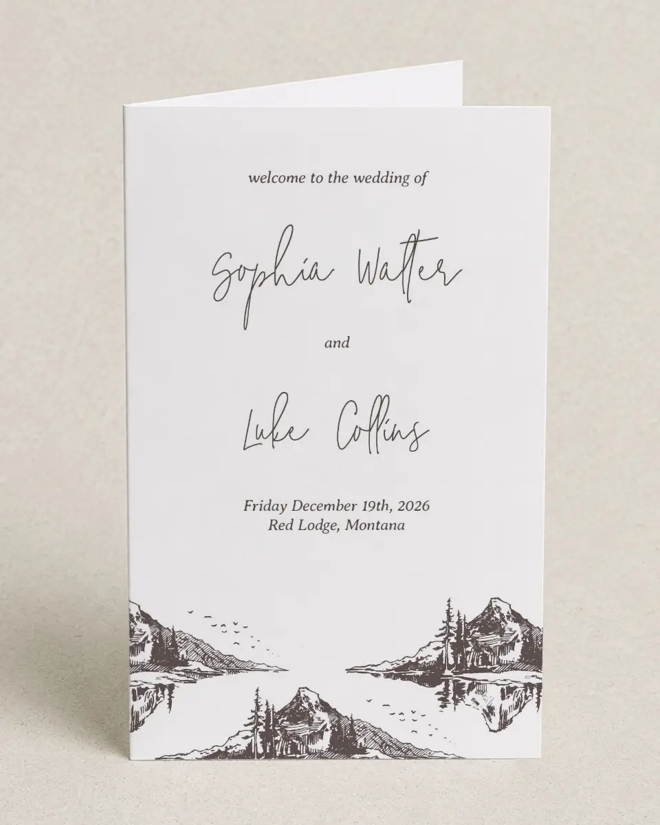 This is a 5" x 7⅞" Folded Half-fold Wedding Program called Mountain Bliss printed in full color on Premium Smooth paper