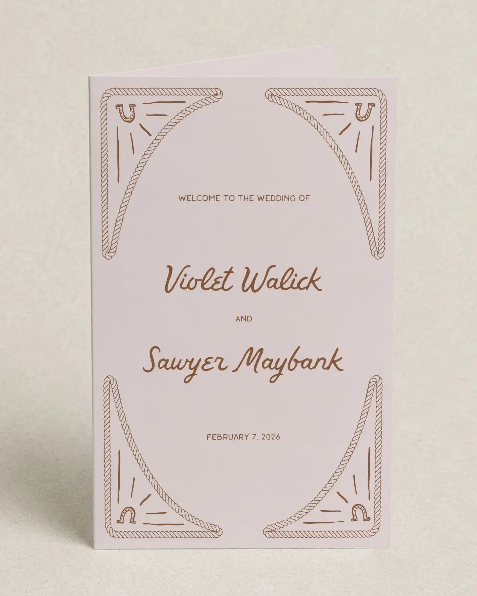 This is a 5" x 7⅞" Folded Half-fold Wedding Program called Western Whimsy printed in full color on Premium Smooth paper