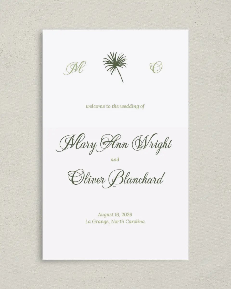 This is a 5" x 7⅞" Folded Half-fold Wedding Program called Palm Paradise printed in full color on Premium Smooth paper