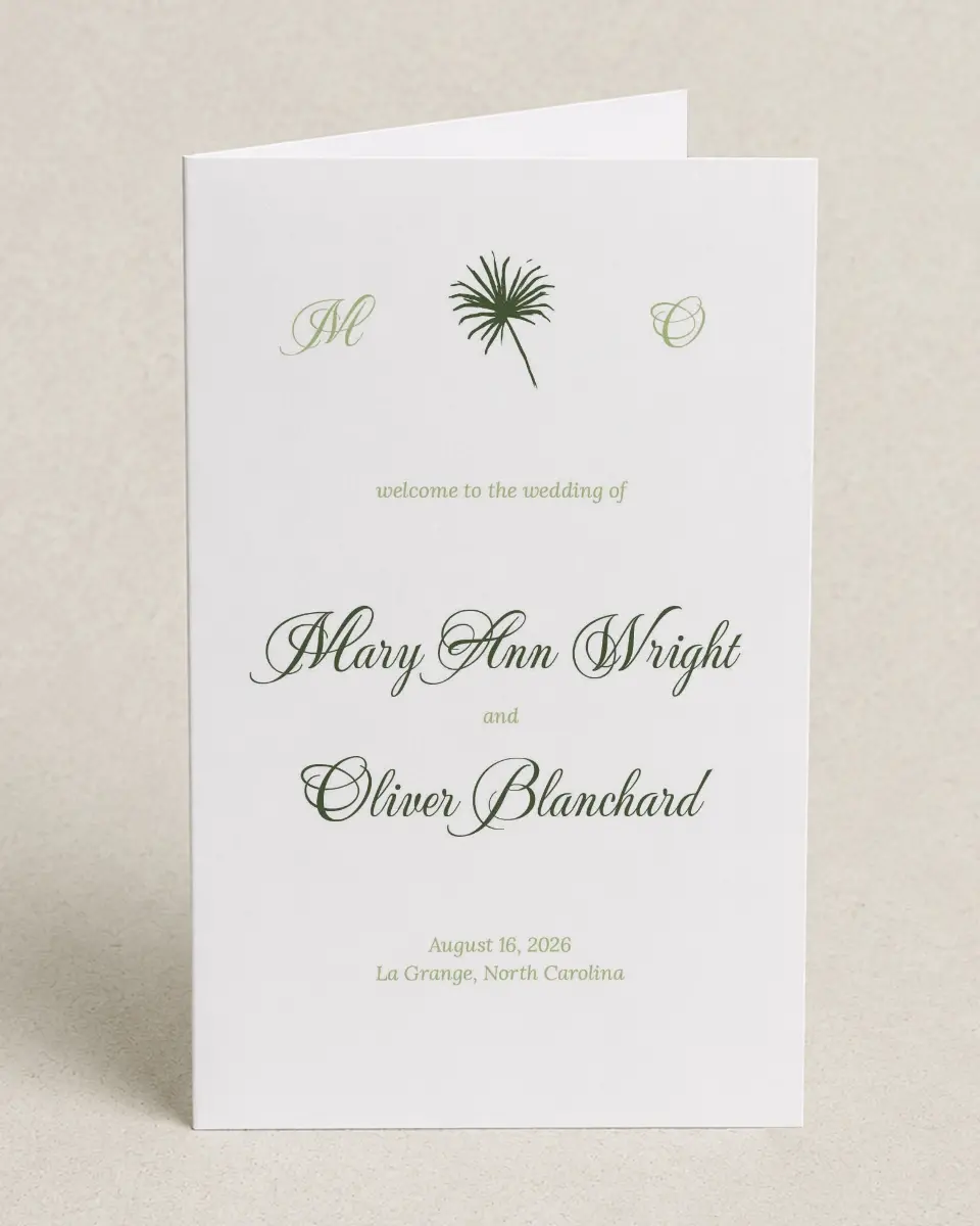 This is a 5" x 7⅞" Folded Half-fold Wedding Program called Palm Paradise printed in full color on Premium Smooth paper
