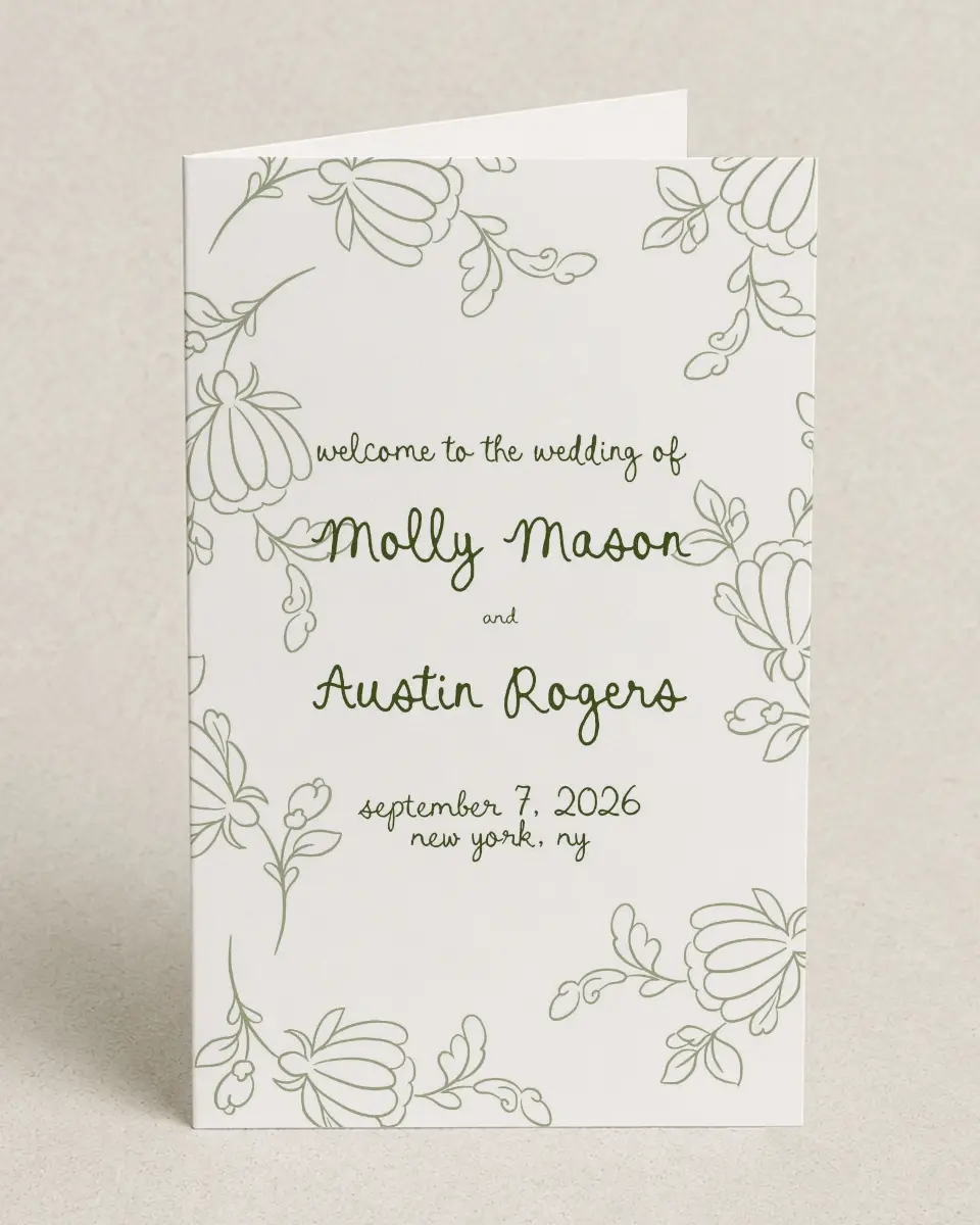 This is a 5" x 7⅞" Folded Half-fold Wedding Program called Evergreen Elegance printed in full color on Premium Smooth paper