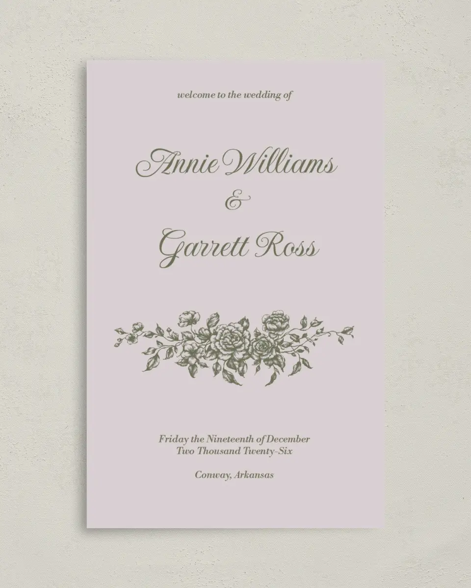 This is a 5" x 7⅞" Folded Half-fold Wedding Program called Meadow of Merriment printed in full color on Premium Smooth paper