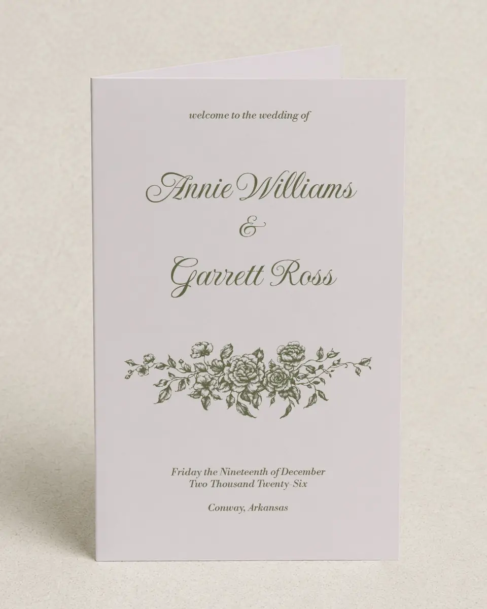This is a 5" x 7⅞" Folded Half-fold Wedding Program called Meadow of Merriment printed in full color on Premium Smooth paper