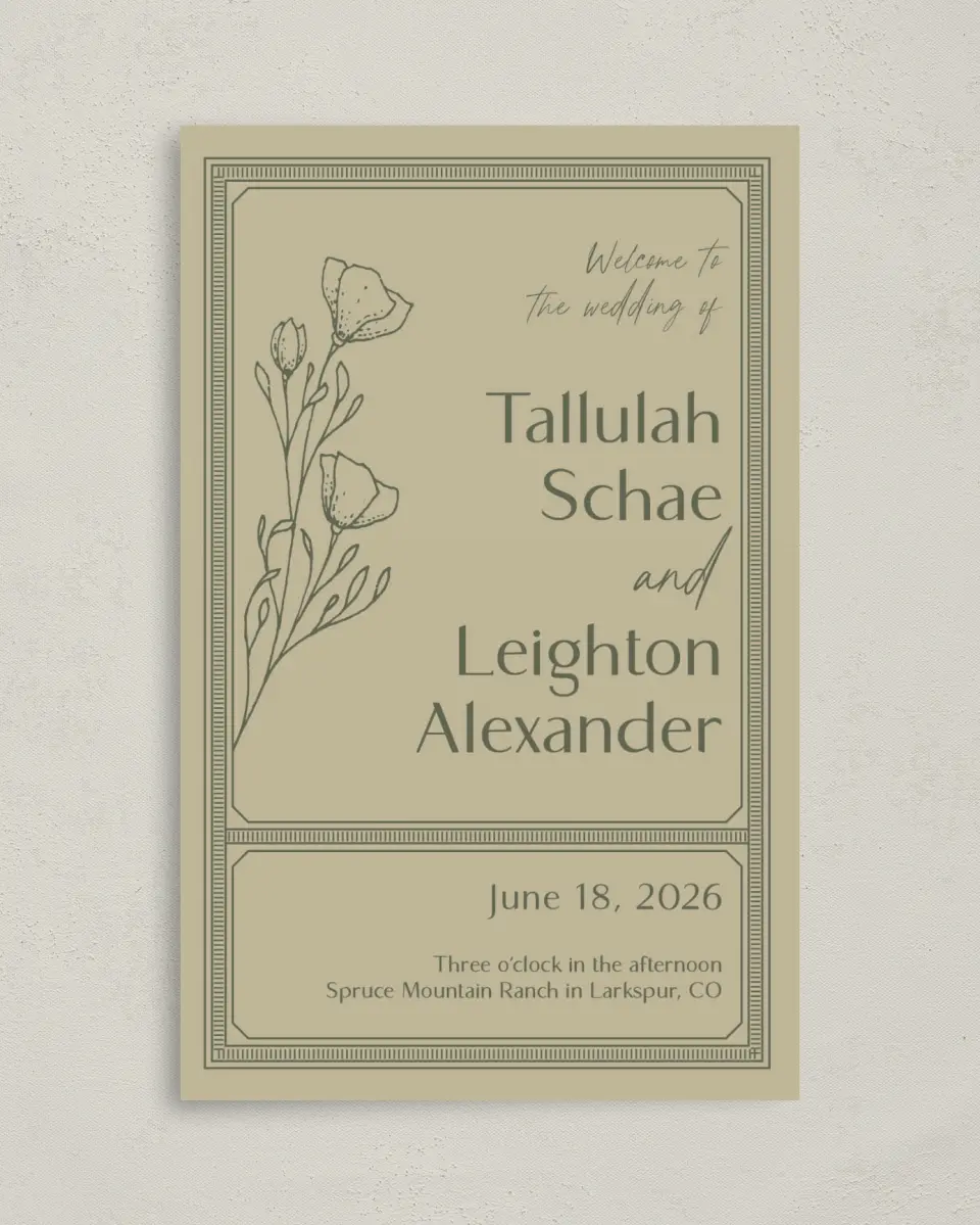 This is a 5" x 7⅞" Folded Half-fold Wedding Program called Idyllic Love printed in full color with Rose Gold foil on Luxe Satin (coated) paper