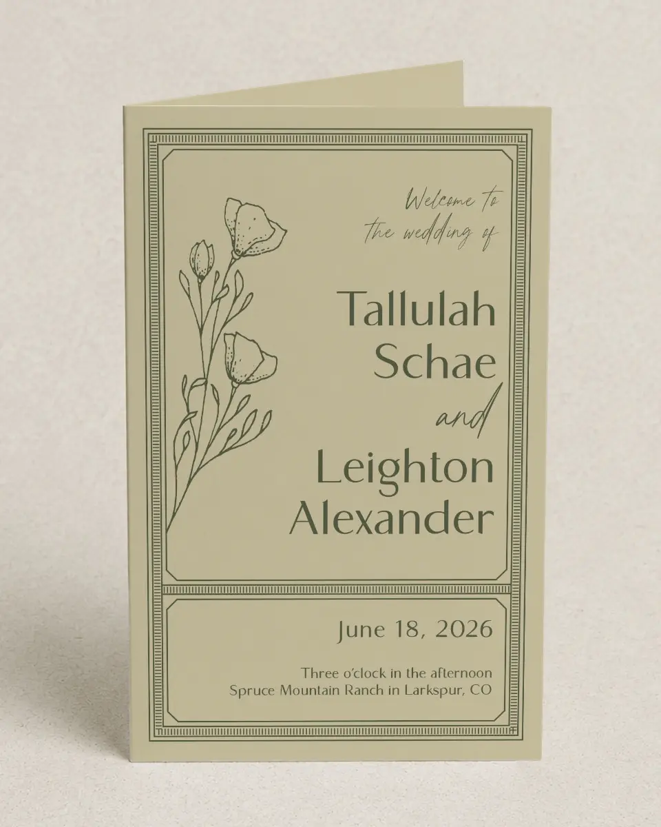 This is a 5" x 7⅞" Folded Half-fold Wedding Program called Idyllic Love printed in full color on Premium Smooth paper