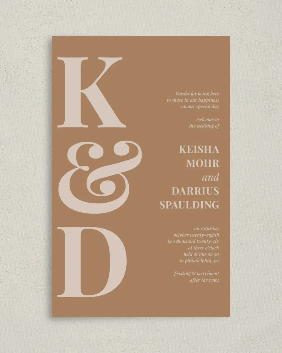 This is a 5" x 7⅞" Folded Half-fold Wedding Program called Bold Romance printed in full color with Rose Gold foil on Luxe Satin (coated) paper