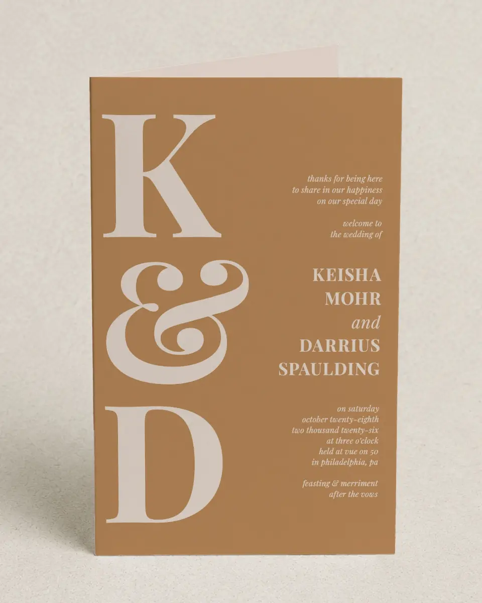 This is a 5" x 7⅞" Folded Half-fold Wedding Program called Bold Romance printed in full color on Premium Smooth paper