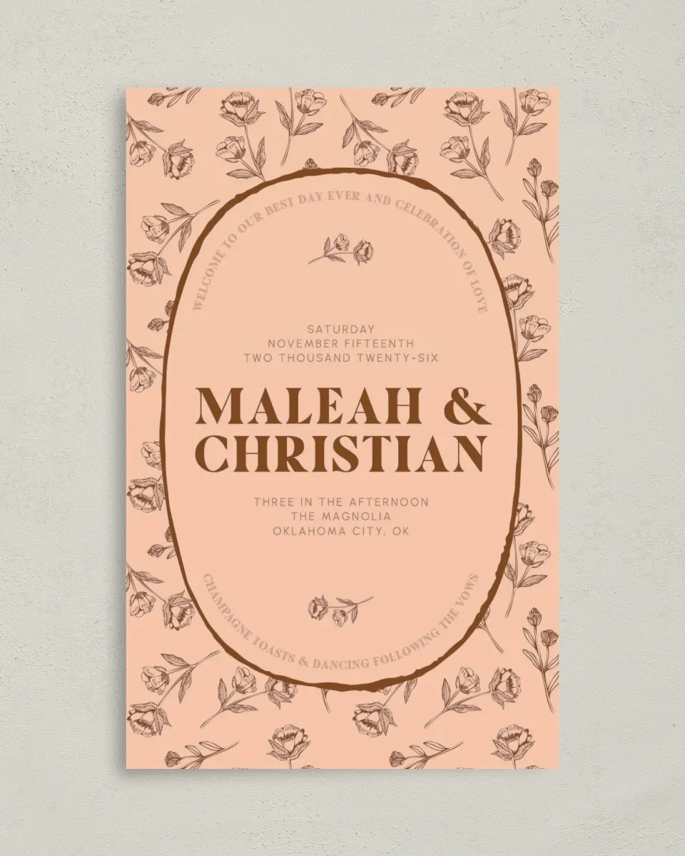 This is a 5" x 7⅞" Folded Half-fold Wedding Program called Agrestal printed in full color with Rose Gold foil on Luxe Satin (coated) paper