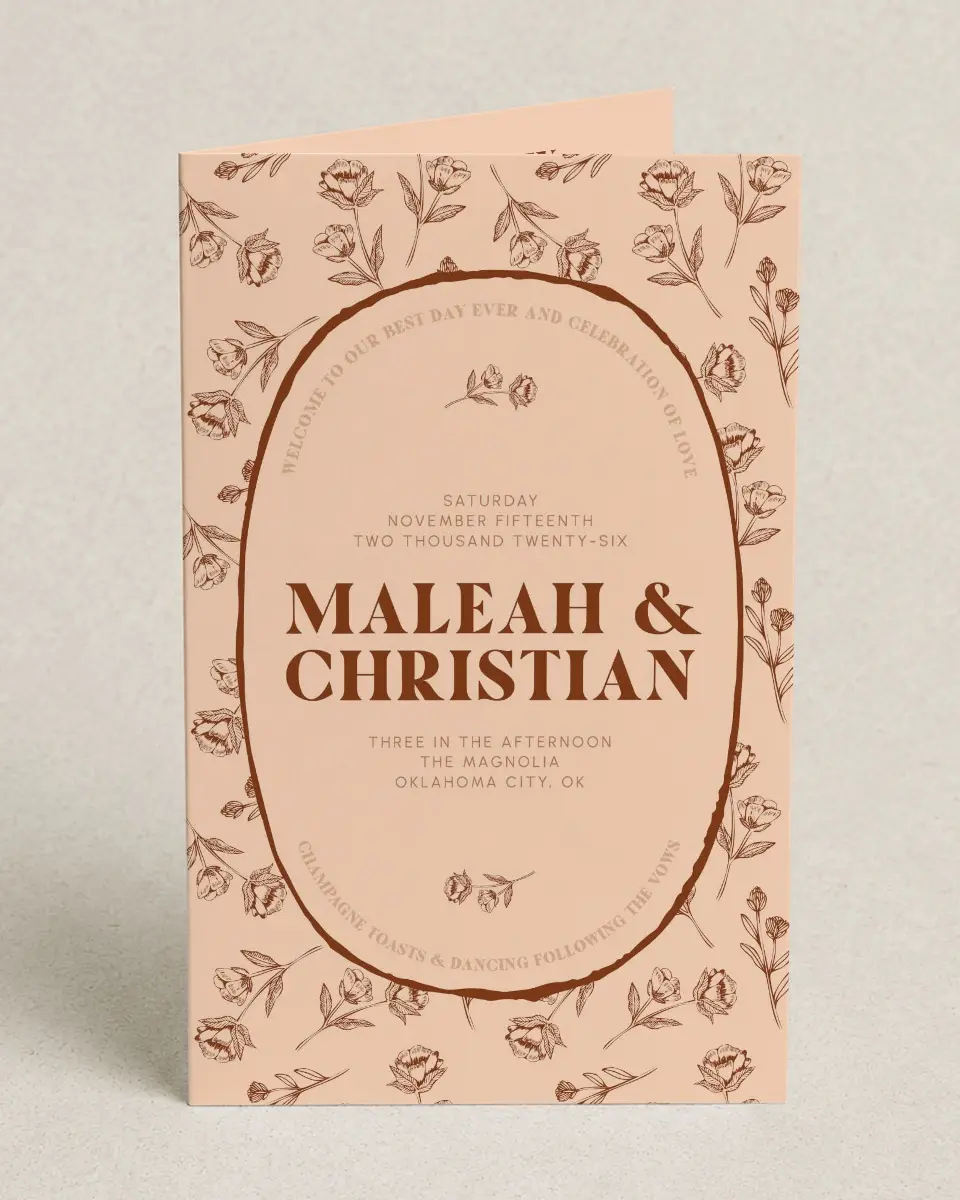 This is a 5" x 7⅞" Folded Half-fold Wedding Program called Agrestal printed in full color on Premium Smooth paper