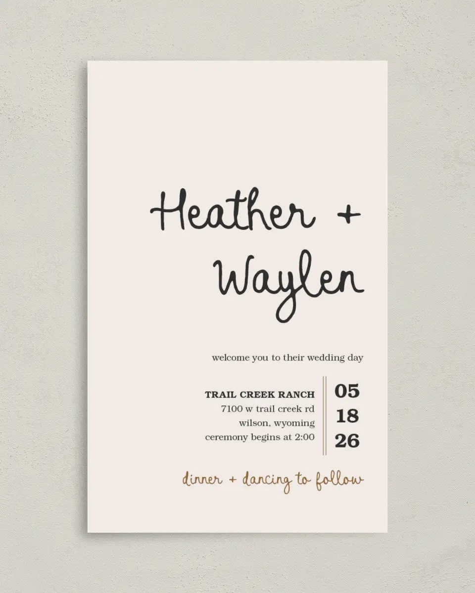 This is a 5" x 7⅞" Folded Half-fold Wedding Program called Head Over Boots printed in full color with Rose Gold foil on Luxe Satin (coated) paper