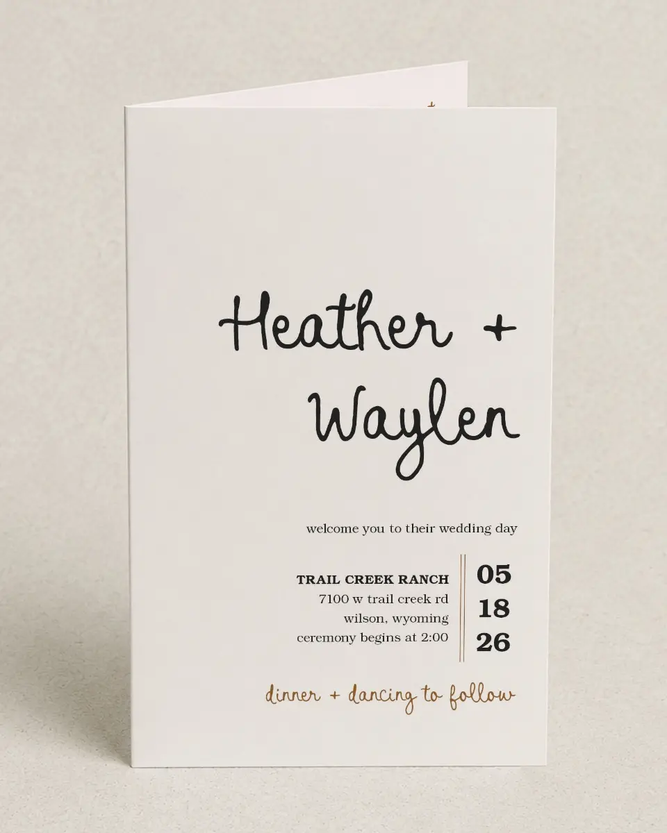 This is a 5" x 7⅞" Folded Half-fold Wedding Program called Head Over Boots printed in full color on Premium Smooth paper