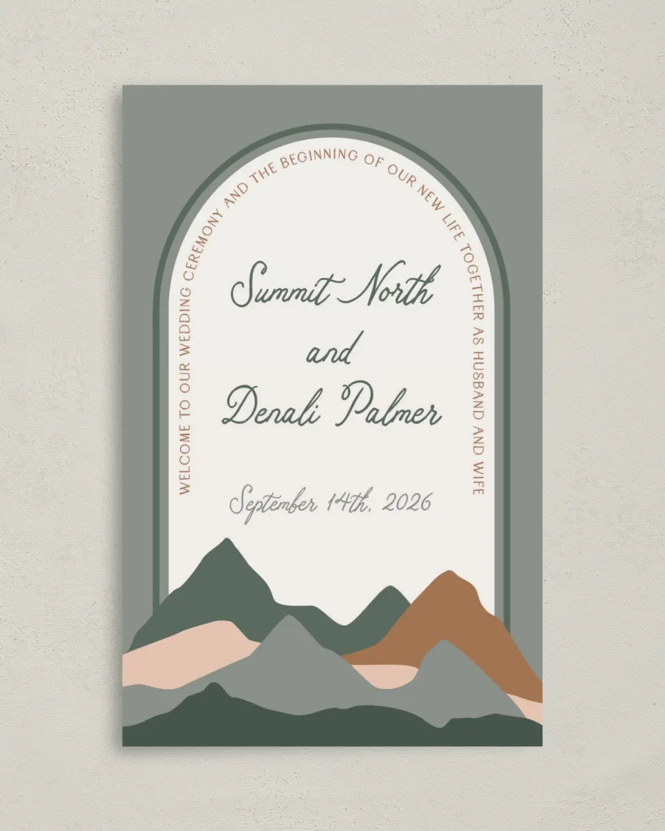 This is a 5" x 7⅞" Folded Half-fold Wedding Program called Elevated Adventures printed in full color with Rose Gold foil on Luxe Satin (coated) paper