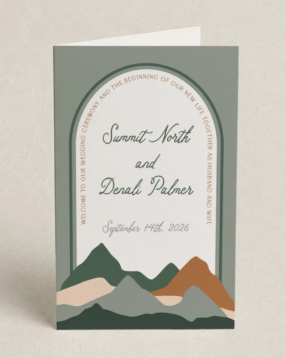 This is a 5" x 7⅞" Folded Half-fold Wedding Program called Elevated Adventures printed in full color on Premium Smooth paper