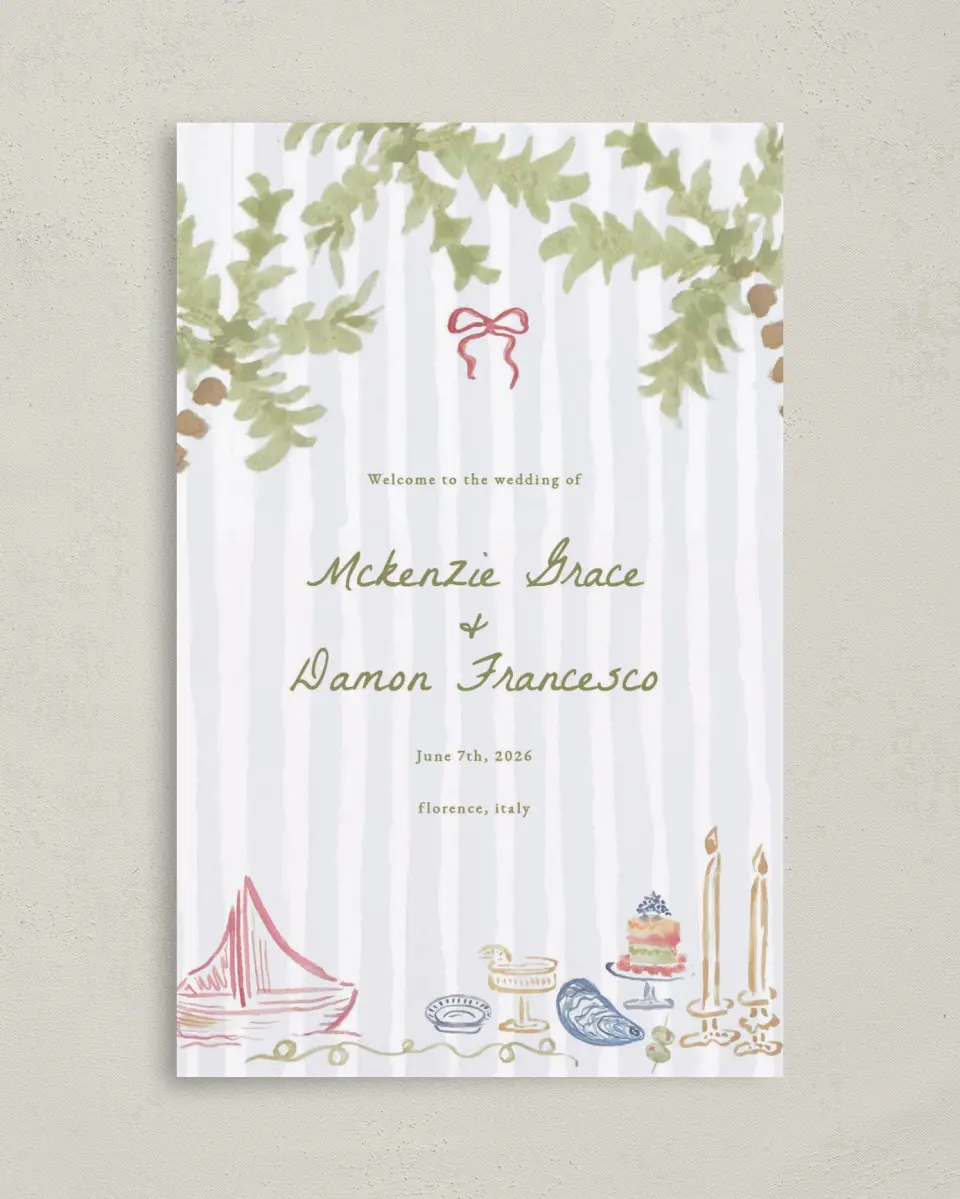 This is a 5" x 7⅞" Folded Half-fold Wedding Program called Positano Daydream printed in full color with Rose Gold foil on Luxe Satin (coated) paper