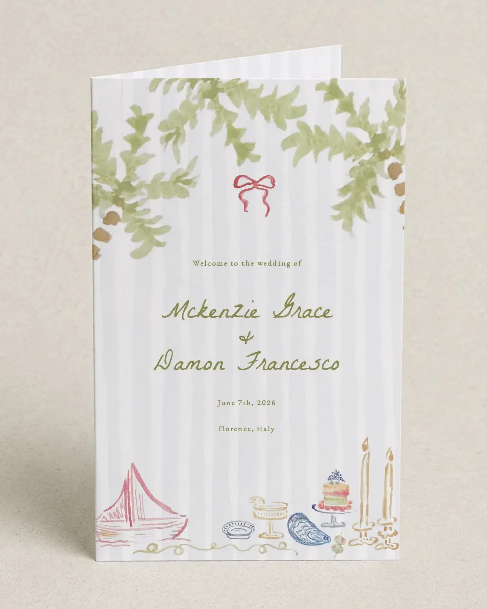 This is a 5" x 7⅞" Folded Half-fold Wedding Program called Positano Daydream printed in full color on Premium Smooth paper