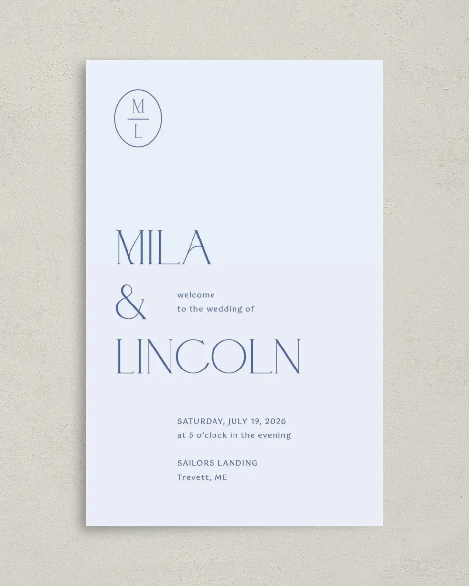 This is a 5" x 7⅞" Folded Half-fold Wedding Program called The Mila printed in full color with Rose Gold foil on Luxe Satin (coated) paper