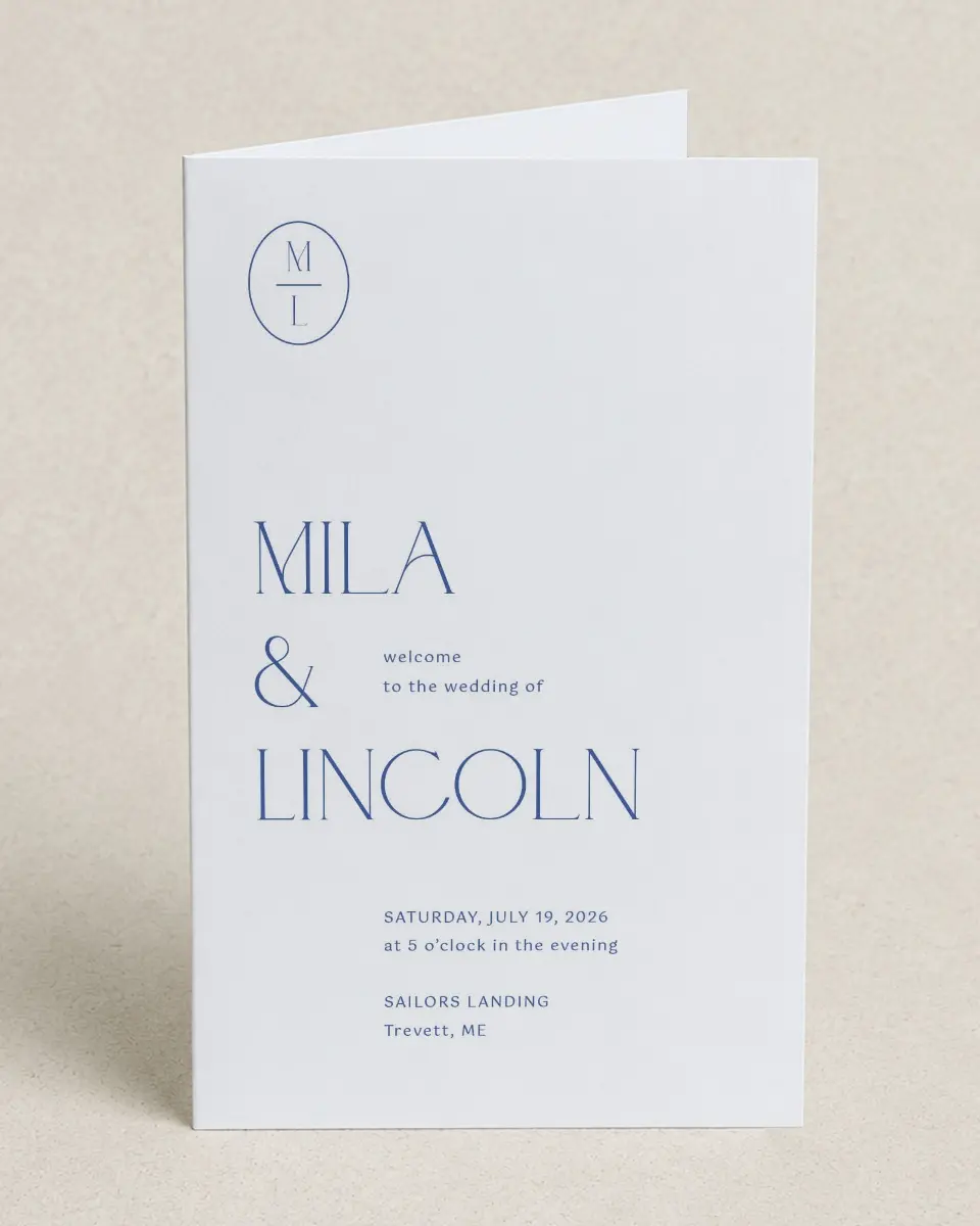 This is a 5" x 7⅞" Folded Half-fold Wedding Program called The Mila printed in full color on Premium Smooth paper