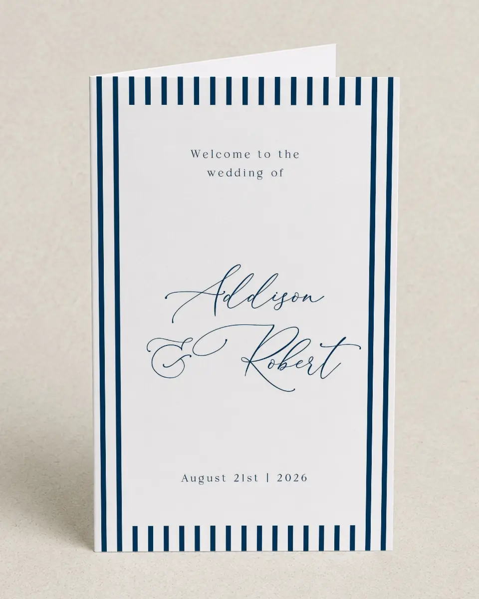 This is a 5" x 7⅞" Folded Half-fold Wedding Program called The Addison printed in full color on Premium Smooth paper