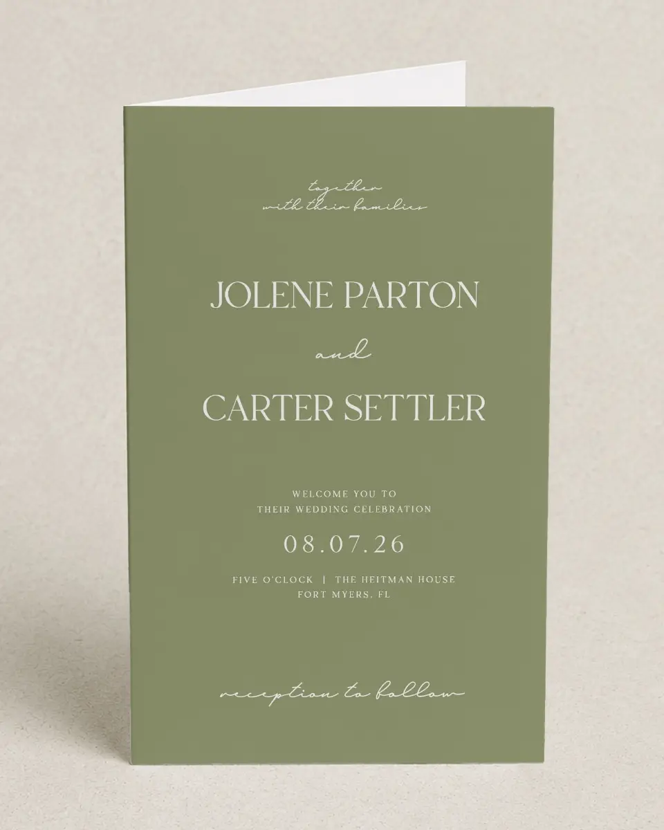 This is a 5" x 7⅞" Folded Half-fold Wedding Program called The Jolene printed in full color on Premium Smooth paper