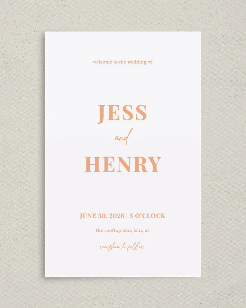 This is a 5" x 7⅞" Folded Half-fold Wedding Program called The Jess printed in full color with Rose Gold foil on Luxe Satin (coated) paper
