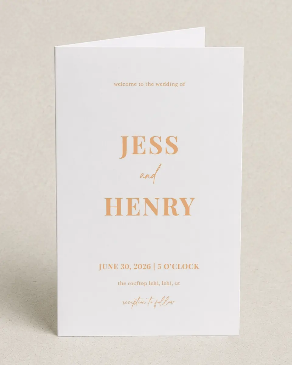 This is a 5" x 7⅞" Folded Half-fold Wedding Program called The Jess printed in full color on Premium Smooth paper