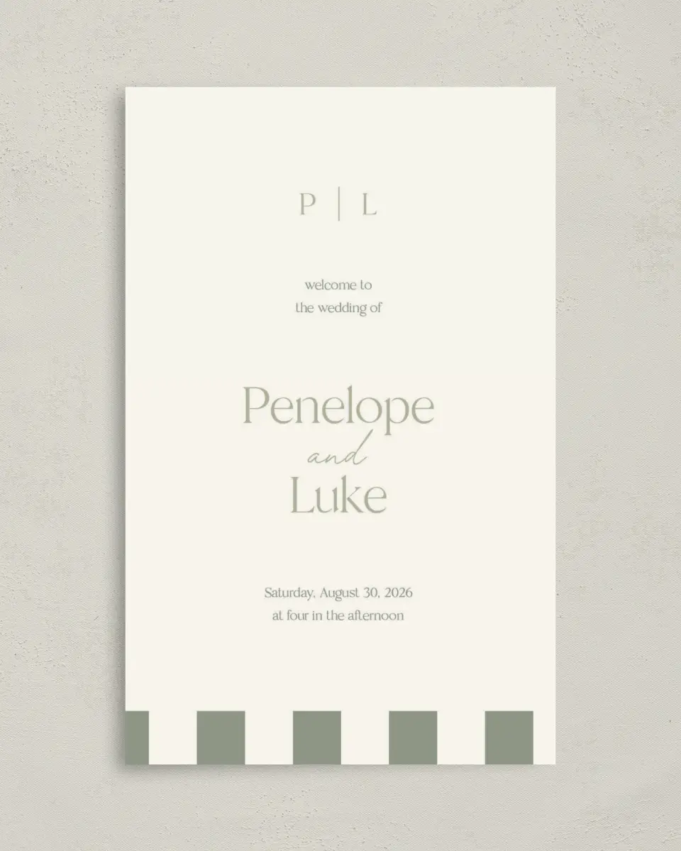 This is a 5" x 7⅞" Folded Half-fold Wedding Program called The Penelope printed in full color with Rose Gold foil on Luxe Satin (coated) paper