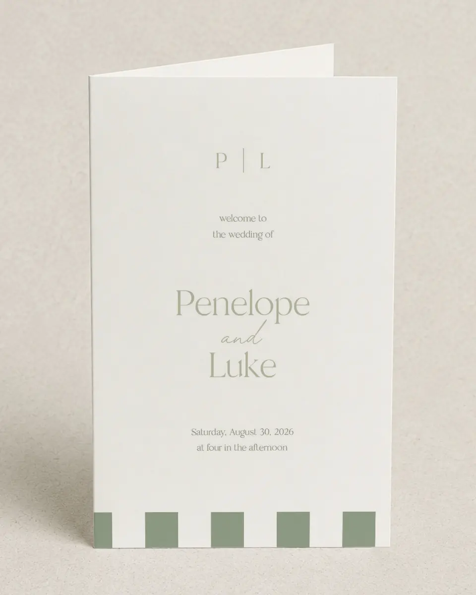This is a 5" x 7⅞" Folded Half-fold Wedding Program called The Penelope printed in full color on Premium Smooth paper