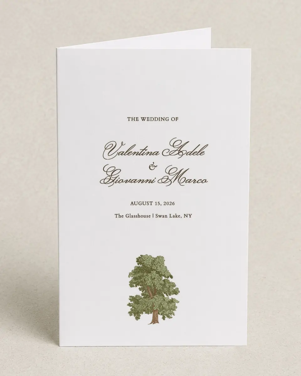 This is a 5" x 7⅞" Folded Half-fold Wedding Program called Holloway printed in full color on Premium Smooth paper