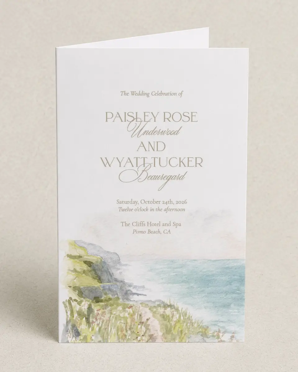 This is a 5" x 7⅞" Folded Half-fold Wedding Program called Kensington printed in full color on Premium Smooth paper