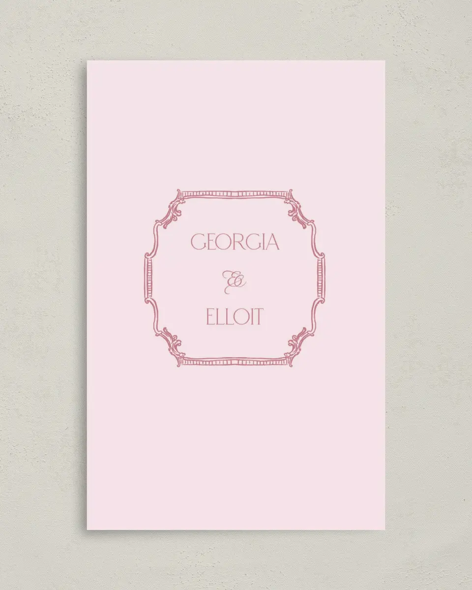 This is a 5" x 7⅞" Folded Half-fold Wedding Program called Nantucket printed in full color with Rose Gold foil on Luxe Satin (coated) paper