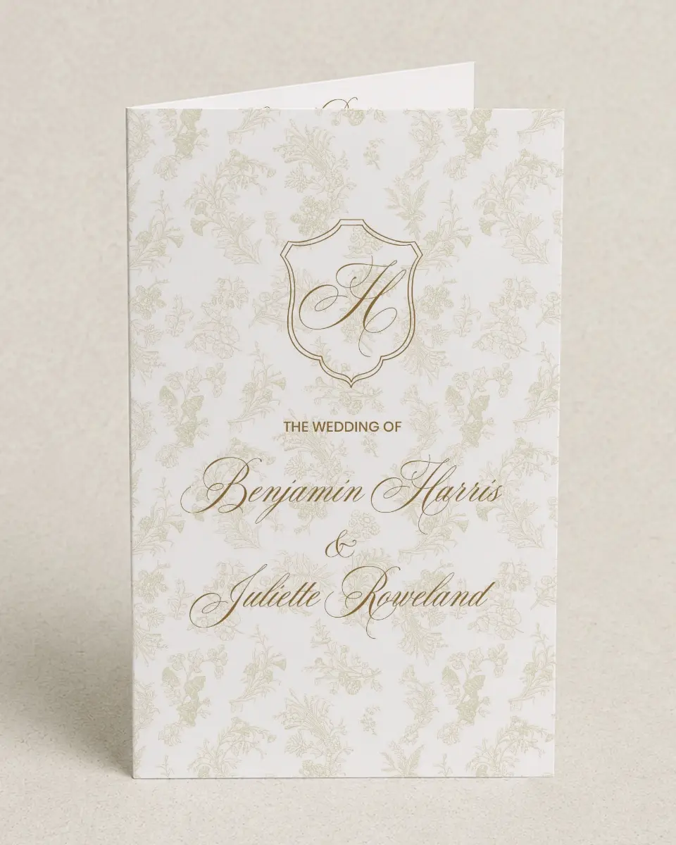 This is a 5" x 7⅞" Folded Half-fold Wedding Program called Wayzata printed in full color on Premium Smooth paper