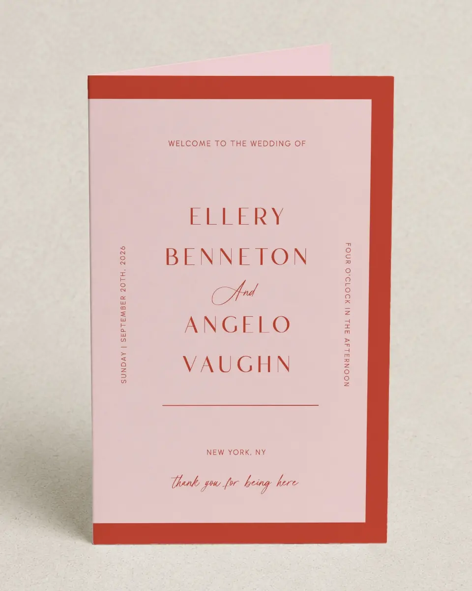 This is a 5" x 7⅞" Folded Half-fold Wedding Program called Boathouse Bliss printed in full color on Premium Smooth paper